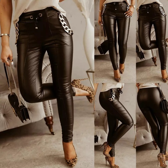 Pants - 🎉PU Leather Stretch Leggings Chain-Embellished 💝
